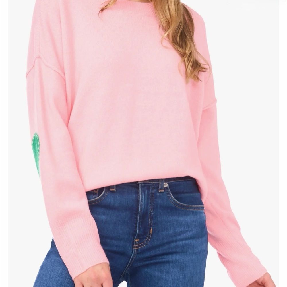 CeCe Heart Elbow Patch Sweater Prism Pink Hearts Crewneck Size XL NWT